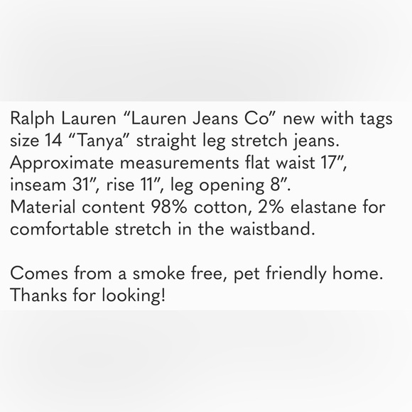 NWT women’s jeans, “Lauren Jeans Co” by Ralph Lauren size 14, inseam 31” - Picture 11 of 11